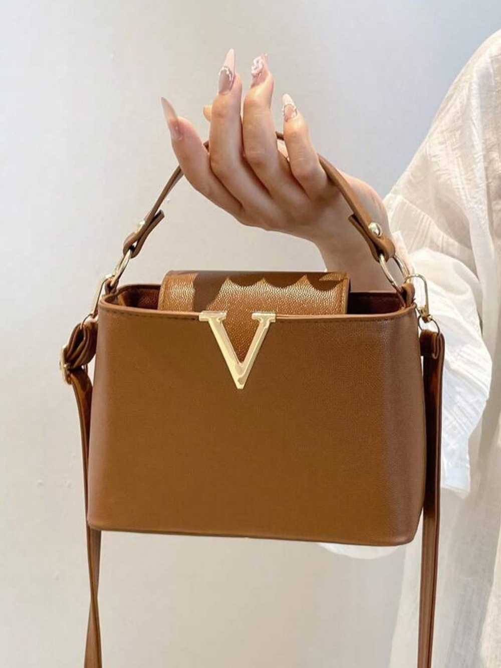 Structured Tan Shoulder Bag with Gold V Accent